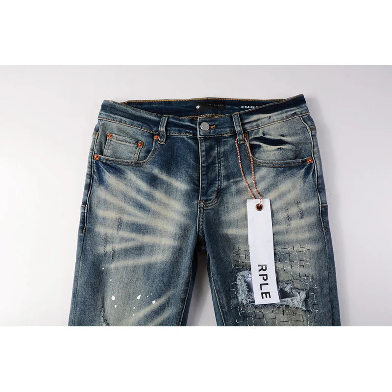 Americans High Street Style Classical Blue Skinny Distressed Button Fly Destroyed Holes Patchwork Slim Fit Graffiti Ripped Jeans