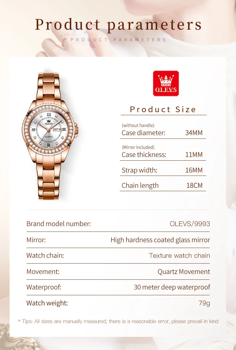 OLEVS Top Original Diamond Quartz Watch for Women Stainless Steel Waterproof Luminous Dual Calendar Luxury Women's Wristwatches