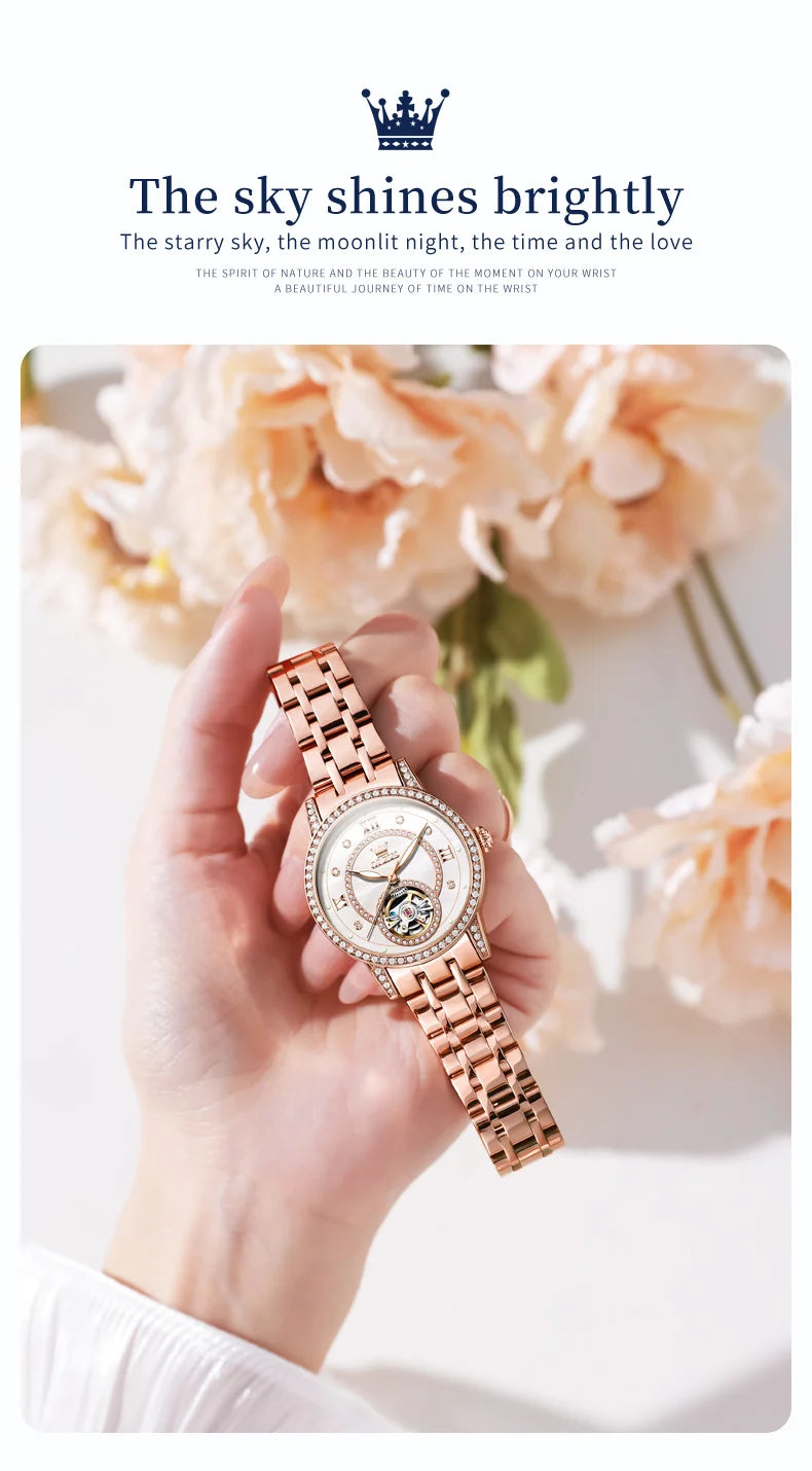 OLEVS 7036 Hollow Original Mechanical Watch For Women Diamond Luxury Automatic Hand Clock Waterproof Elegant Woman Dress Watches