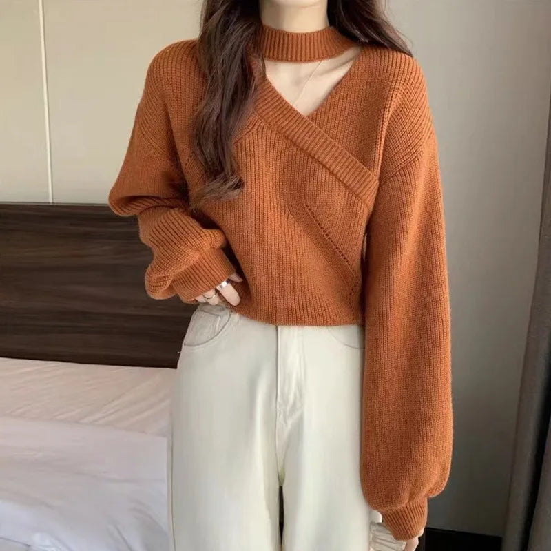 Women's Christmas Sweater Sexy Long Sleeved Sweater Warm Hanging Neck Off Shoulder Female Solid Color Tops