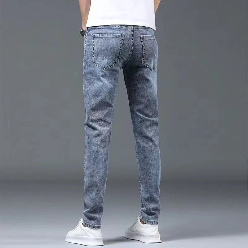 Boyfriend Daily All-match Pencil Distressed Jeans Men Casual Slim Fit Denim Pants Narrow Leg Ripped Pants Skinny Solid Trousers