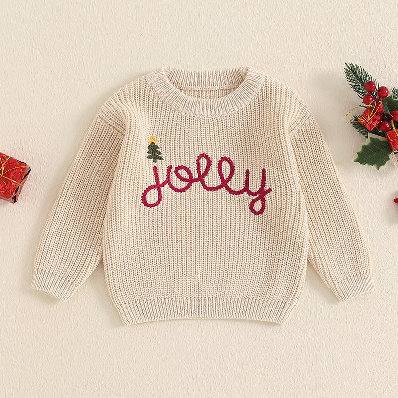 0-36months Baby Christmas Sweaters Lettering Embroidered Cozy Long Sleeve Ribbed Knit Pullover for Toddlers Boys And Girls