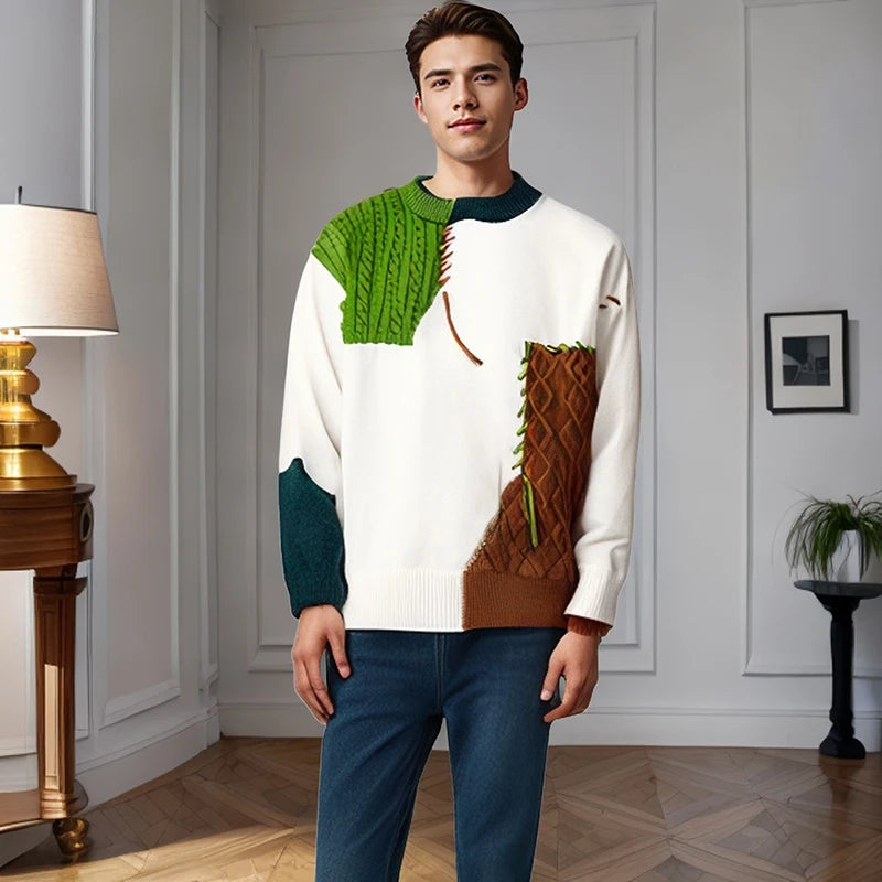 2024 Autumn Winter Warm Sweaters Patchwork Pullovers Korean Style Round Neck Knitted Sweater Men Women Fashion Knitwear