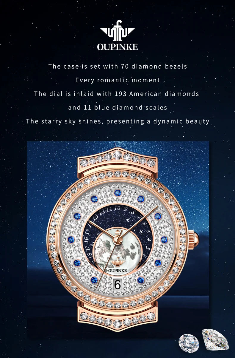 OUPINKE 3218 Imported Swiss Quartz Movement Watch for Women Starry Sky Fully Diamond Real Leather Strap Luxury Ladies Wristwatch