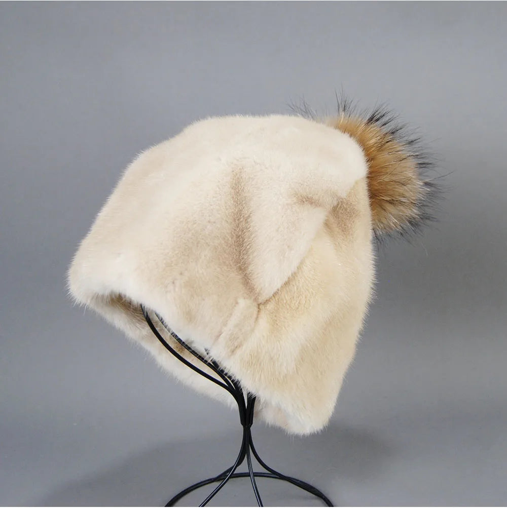 2023 Winter Real Natural Mink Fur Fox Hat for Women Thicken Warm Casual Pom New High Quality Girl Bobble  Christmas Knitted Cap