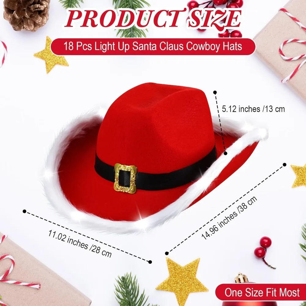 Suhine Christmas Cowboy Hats Santa Claus Light up Hats LED Lights Cowgirl Hats Bulk for Xmas Party Western Costume Accessory