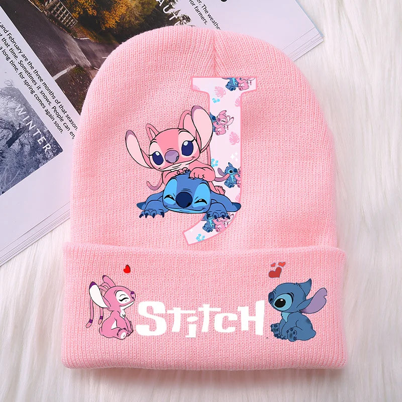 Stitch Angel Girls Knitted Caps Baby Hat Kawaii Cartoon Letter A-Z Printed Beanie Kids Winter Warm Accessories Christmas Gifts