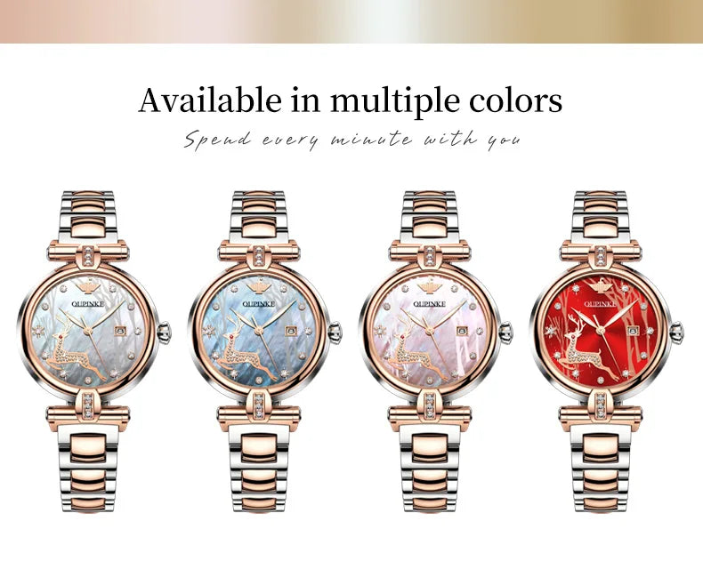 OUPINKE 3180 Luxury Women Automatic Mechanical Watch Elegant Ceramic Elk Diamond Waterproof Watch Fashion Women Watch Girl Gift