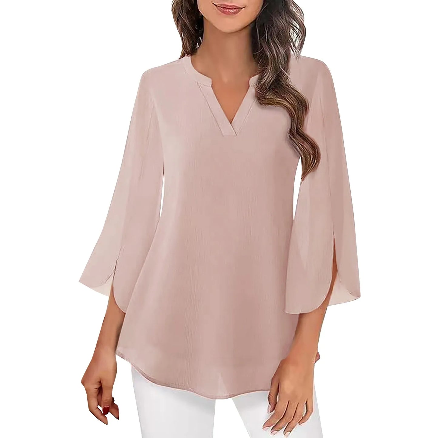 Women'S Blouse Chiffon Short-Sleeved Elegant Daily Top Flowy Elegant Casual Summer New Solid Color V-Neck Chiffon Shirt 2024