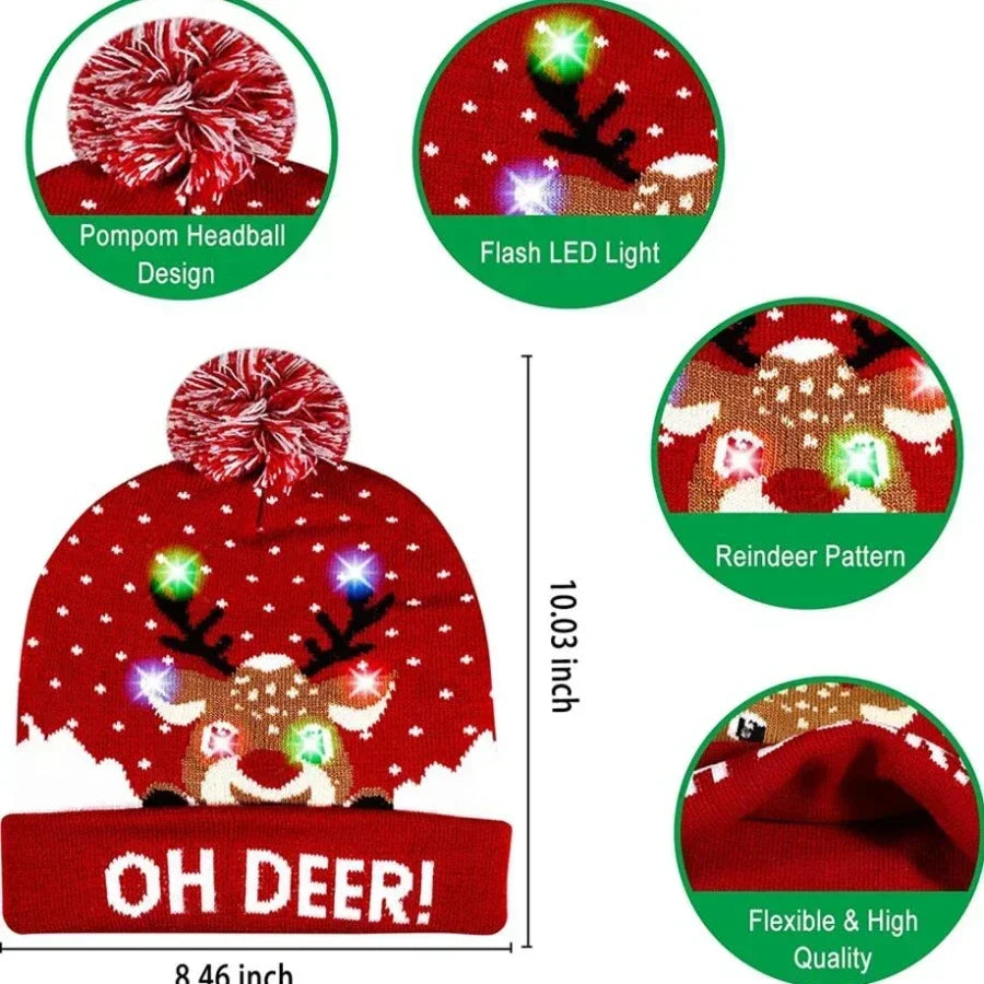 1pc LED Christmas Hat X-mas Flash Light Up Knitted Hat Warm Winter Cap Christmas Gift for Kids/Adults Xmas New Year Feative Hats