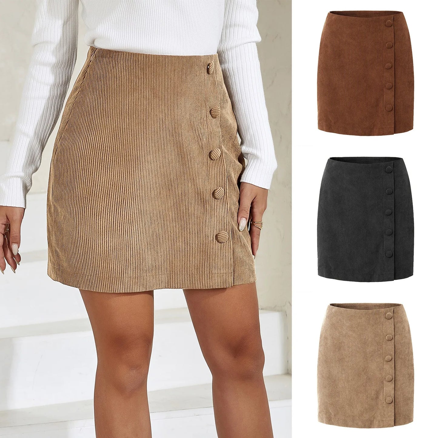 Autumn And Winter Women's Wrap Hip Short Skirt Solid High Waist Corduroy Skirt Single Breasted Slim Fit Solid Elegant Skirt