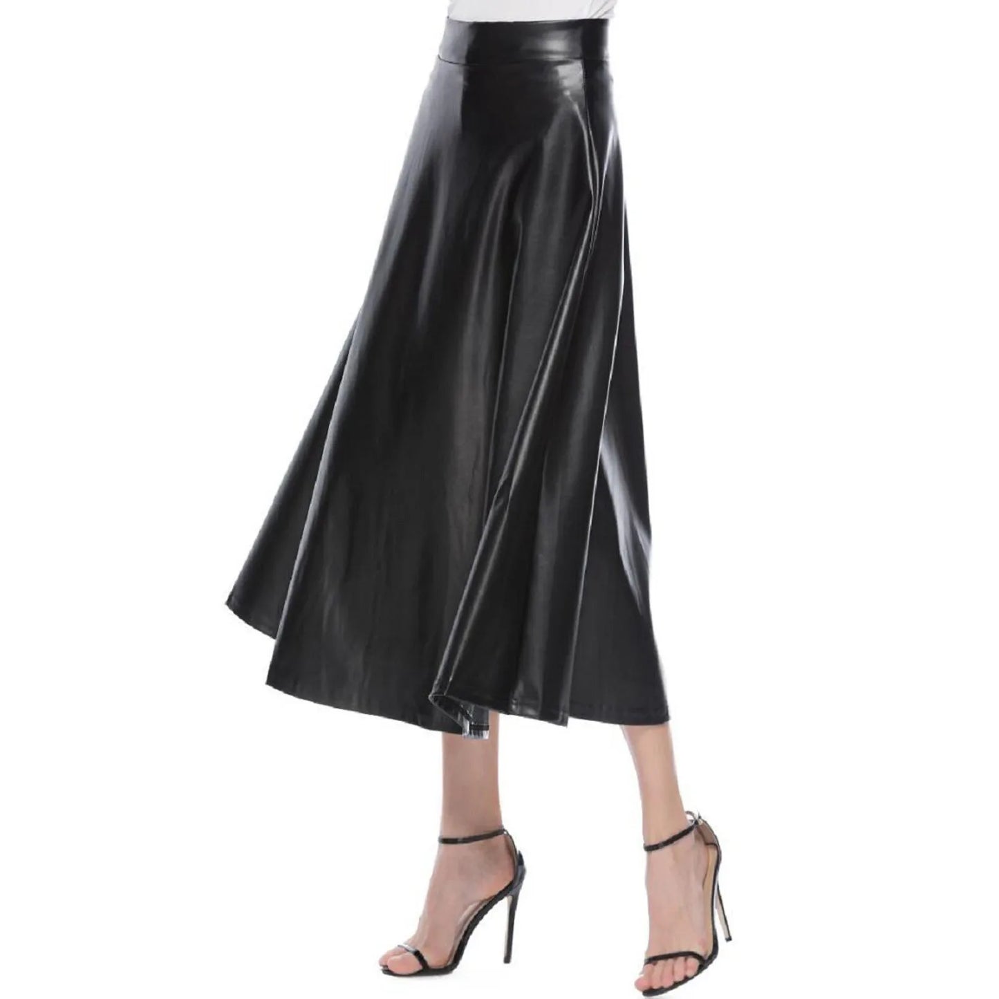 Faux Leather Skirt Women High Waist Solid Color A Line Pu Leather Midi Skirt Office Lady Business Skirts Streetwear Dress Up