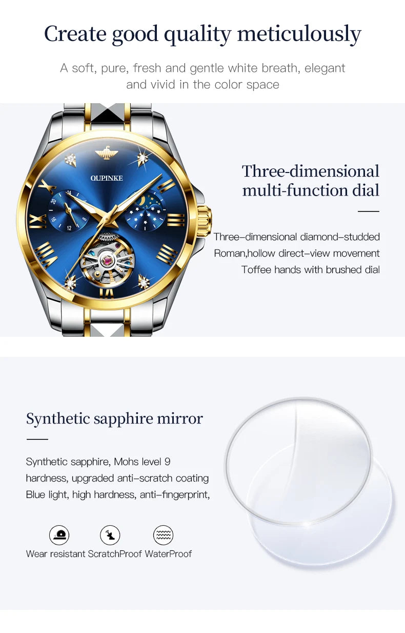 OUPINKE Fashion Luxury Brand Women's Watches Elegant Hollow out Moon Phase Automatic mechanical Watch Original Female Wristwatch