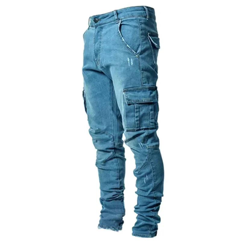 Solid Color Fashion Men Casual Pants Stretch Jeans Skinny Work Trousers Male Wash Slim Fit for Zippered Jeans Men Clothing