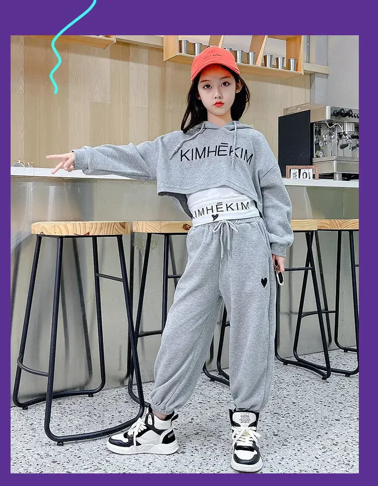 Girls Spring Casaul Fashion Korean Style Tracksuit Kids 3pcs Vest+Hoodie+Pants Sport Suits Teenage 5-14 Years Girls Clothing