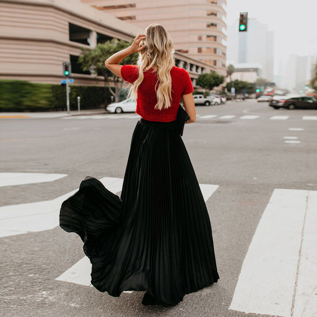 2022 Fashion Womens A-line Pleated Red Skirts Summer Jupe Longue Elastic Vintage Elegant Chic Loose Long Skirt Dropshipping