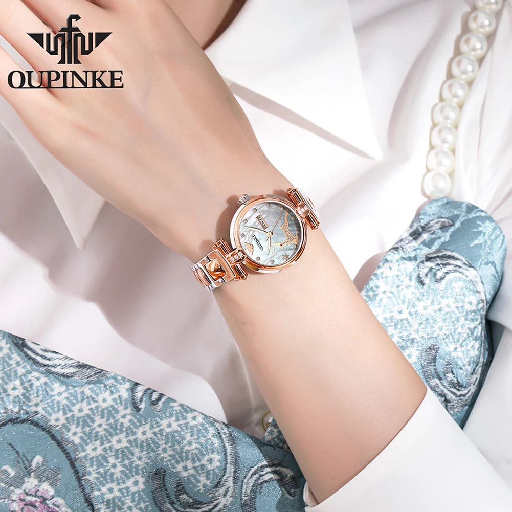 OUPINKE 3180 Luxury Women Automatic Mechanical Watch Elegant Ceramic Elk Diamond Waterproof Watch Fashion Women Watch Girl Gift