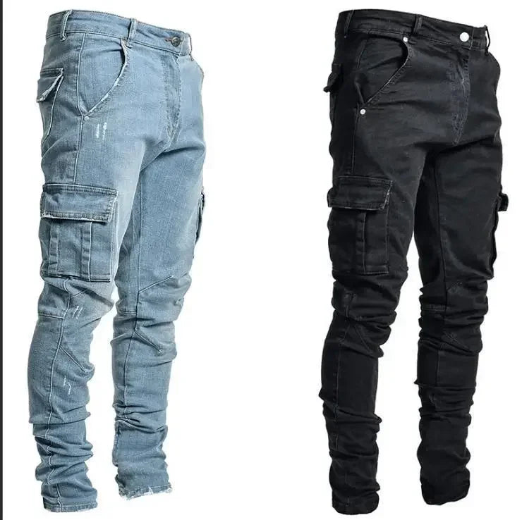 Solid Color Fashion Men Casual Pants Stretch Jeans Skinny Work Trousers Male Wash Slim Fit for Zippered Jeans Men Clothing