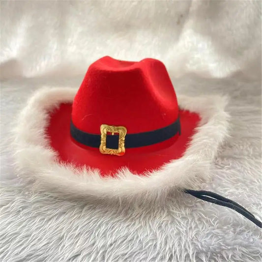 LED Flashing Christmas Santa Cowboy Hat Velvet And White Feather Santa Hat Women Girls Cosplay Tiara New Year Party Decor