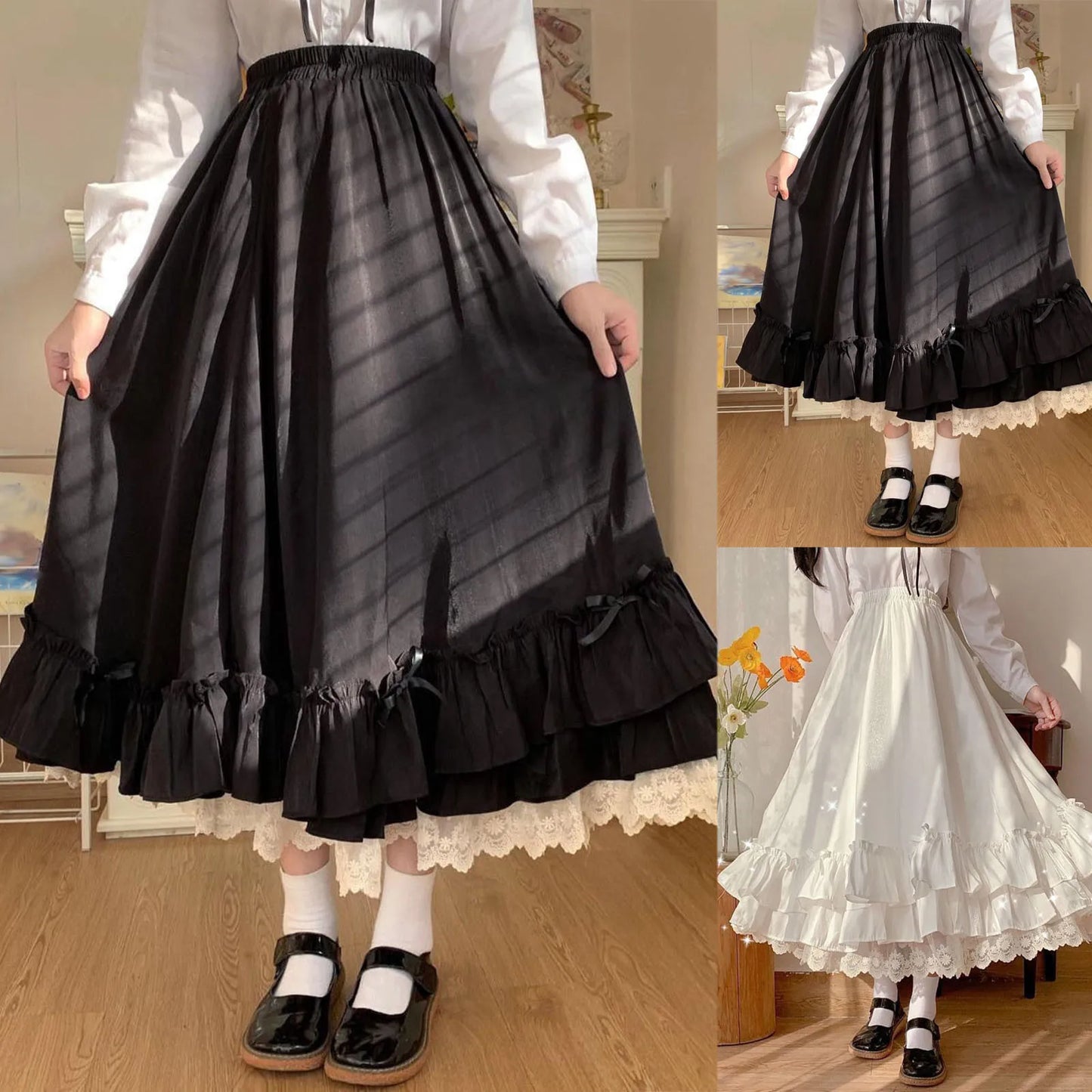 Sweet Heart Lolita Costumes Women's Ruffles Hem Bowknot Japanese Style A-Line Skirt Princess Layer High Waist Lace Skirt