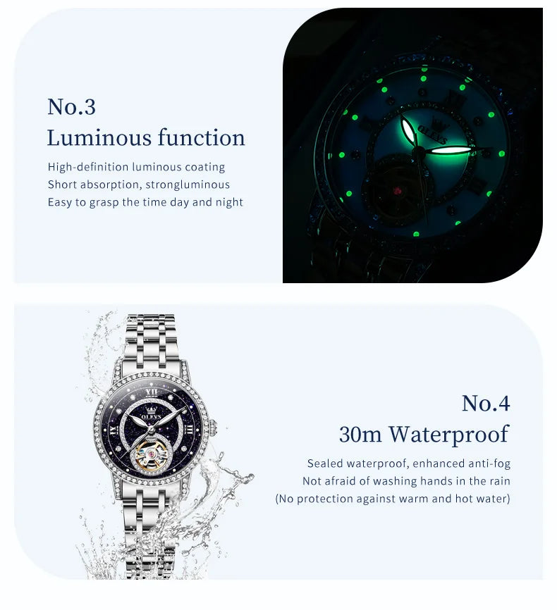 OLEVS 7036 Hollow Original Mechanical Watch For Women Diamond Luxury Automatic Hand Clock Waterproof Elegant Woman Dress Watches