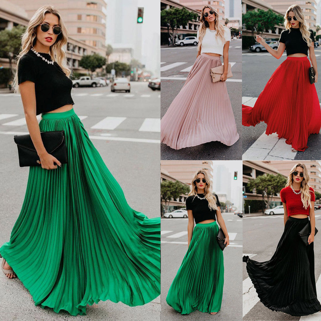 2022 Fashion Womens A-line Pleated Red Skirts Summer Jupe Longue Elastic Vintage Elegant Chic Loose Long Skirt Dropshipping