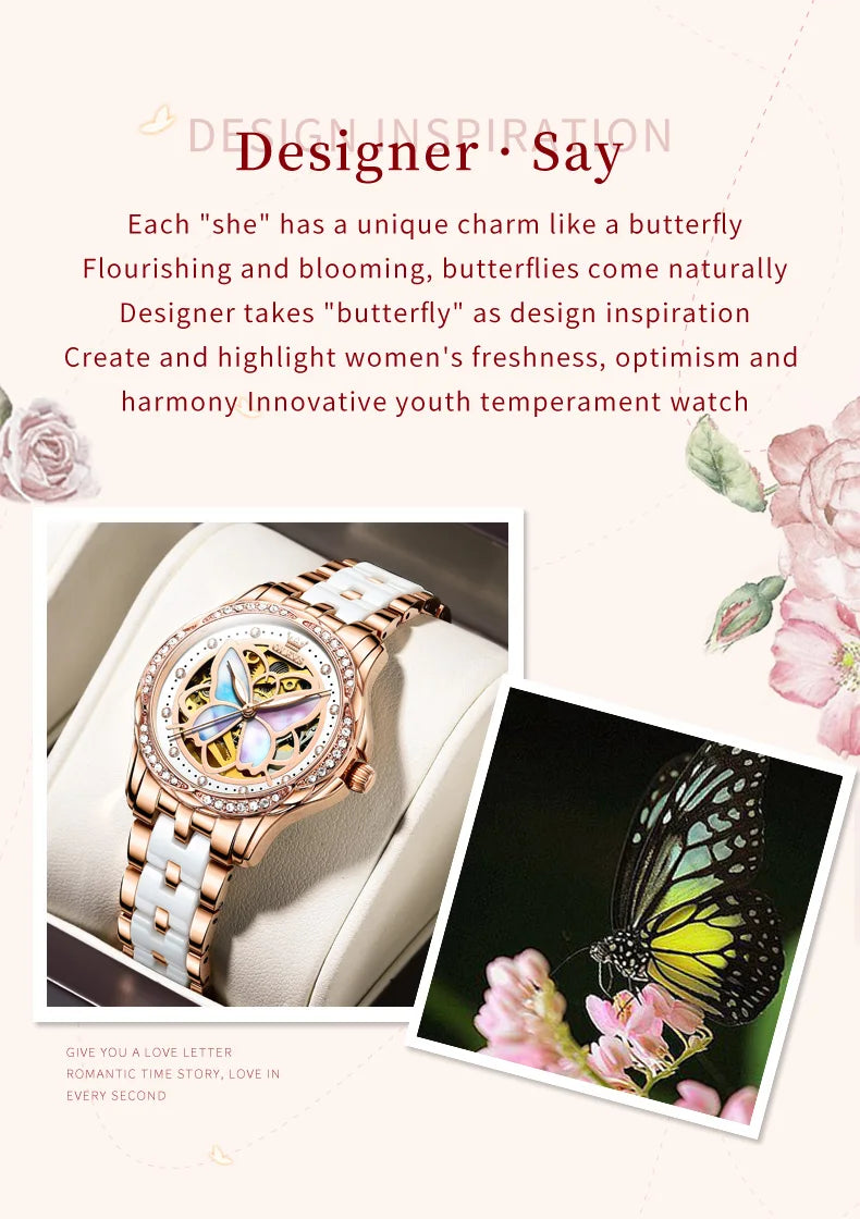 OLEVS Automatic Mechanical Watch for Women Colorful Fritillary Butterflies Luxury Elegant Ceramics Watchband Ladies Wristwatches