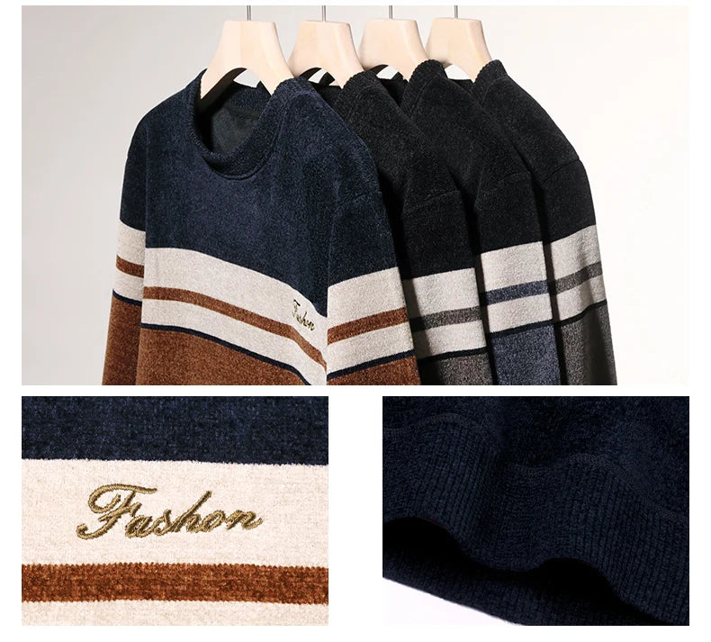 Mens Chenille Sweaters Fashion Knitting Pullover Striped Men's Autumn Winter Top Clothes Round Neck Knitted Sweaters