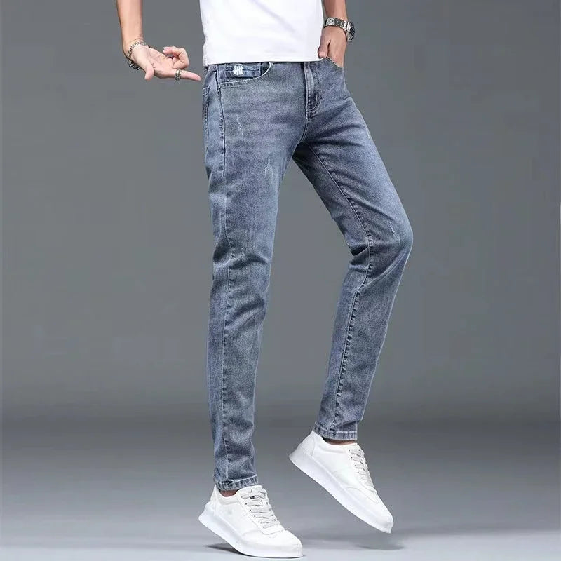 Boyfriend Daily All-match Pencil Distressed Jeans Men Casual Slim Fit Denim Pants Narrow Leg Ripped Pants Skinny Solid Trousers