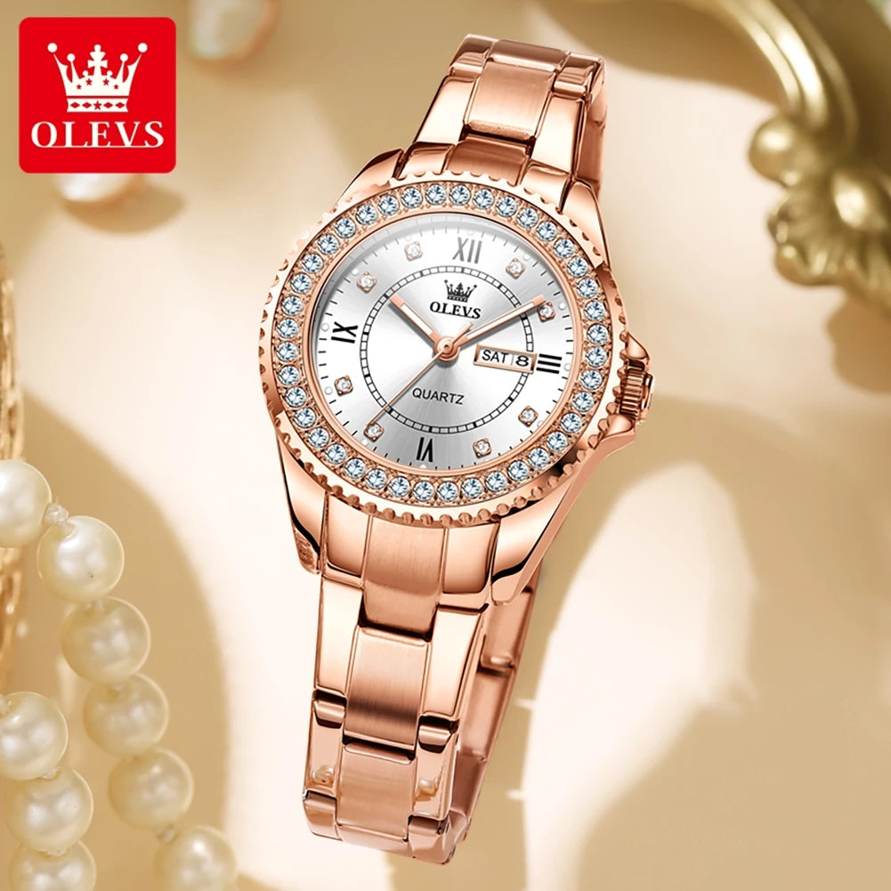 OLEVS Top Original Diamond Quartz Watch for Women Stainless Steel Waterproof Luminous Dual Calendar Luxury Women's Wristwatches