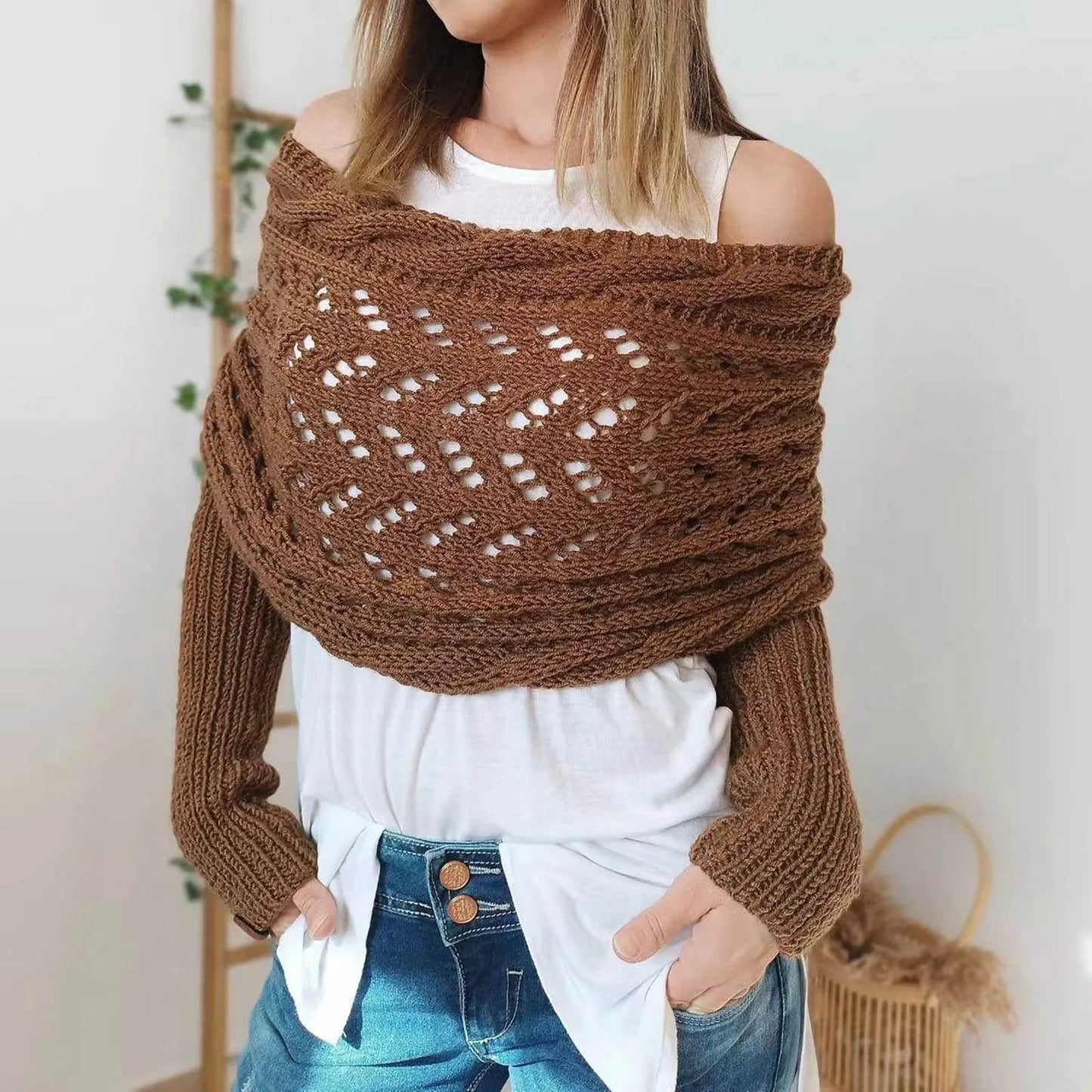 Knitting Wool Twist Shawl Women's Elegance Solid Color Long Sleeve Off Shoulder Scarf Autumn Fashion Outwears Pullovers Sweater