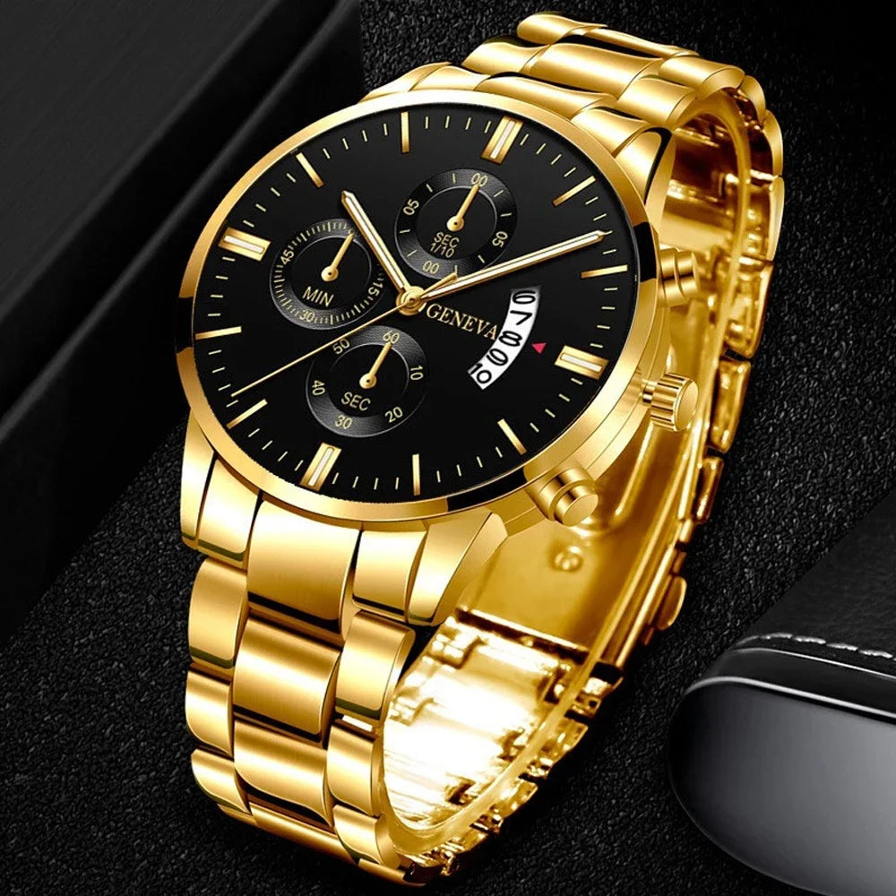 New Geneva Leisure Business Men's Watch Fashion Three Eyes Military Quartz Watch Stainless Steel Waterproof Gentleman Wristwatch