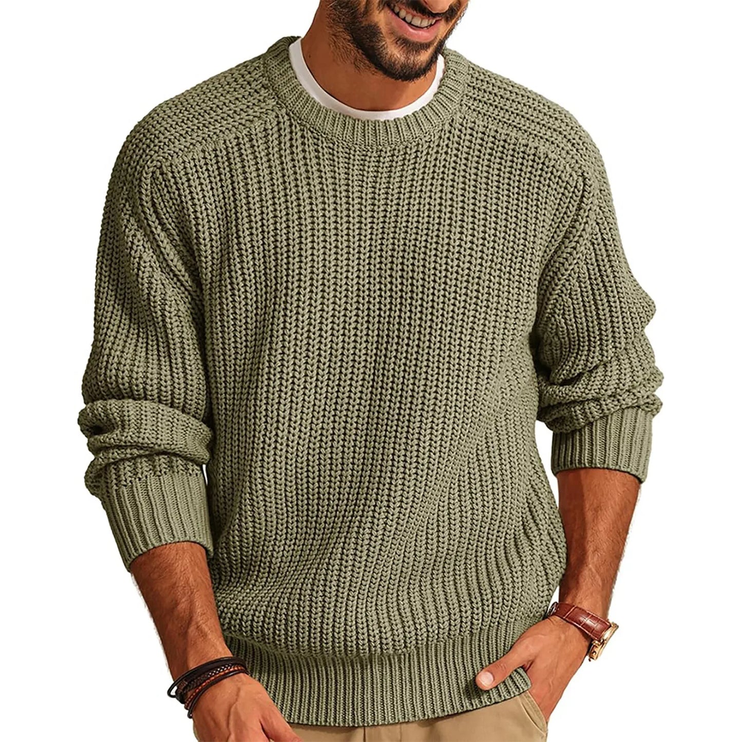 Autumn Winter Casual Brushed Knitted Sweater Men Round Neck Long Sleeve Base Shirt Tops Solid Color Loose Plain Sweaters