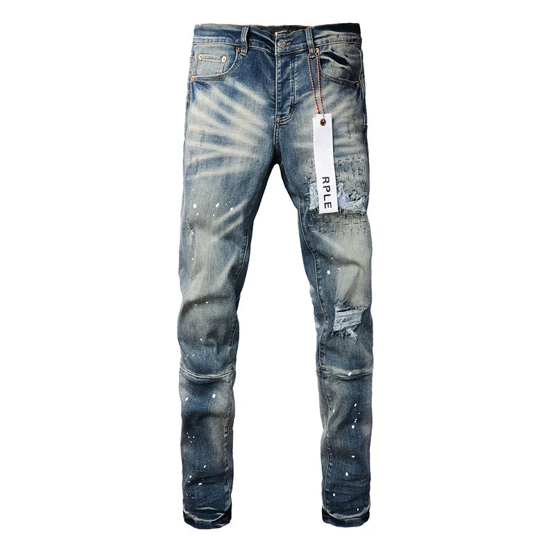 Americans High Street Style Classical Blue Skinny Distressed Button Fly Destroyed Holes Patchwork Slim Fit Graffiti Ripped Jeans