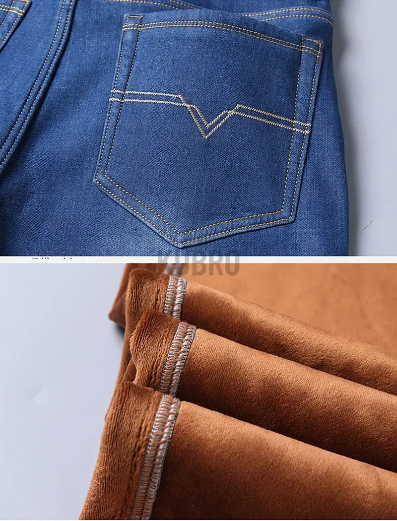 2024 Winter New Casual Men's Warm Fleece Jeans Classic Style Business Thicken Fur Regular Fit Denim Pants Brand Plush Trousers