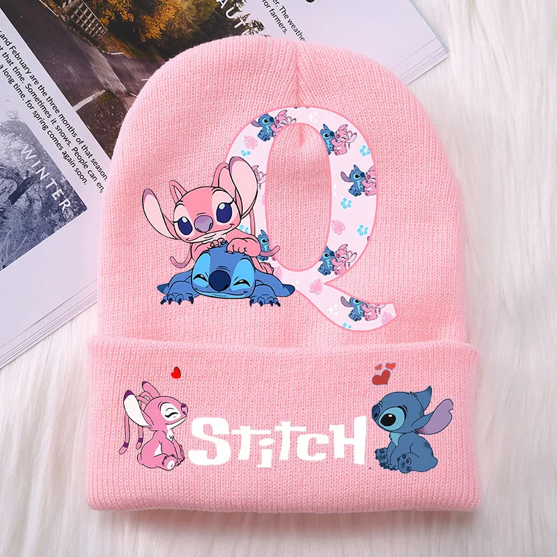 Stitch Angel Girls Knitted Caps Baby Hat Kawaii Cartoon Letter A-Z Printed Beanie Kids Winter Warm Accessories Christmas Gifts