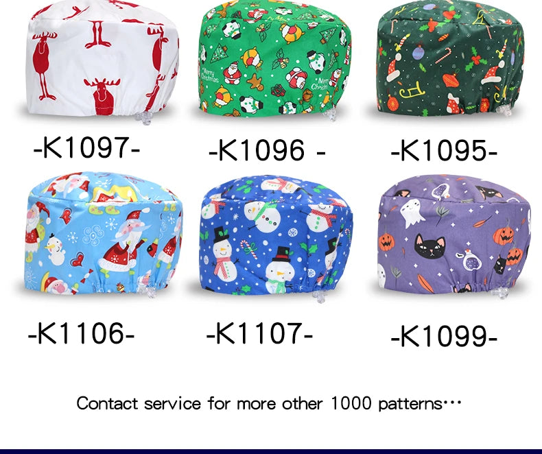 Santa Claus Print Surgical Caps Christmas Scrub Hats Dental Hospital Nurse Headwear Durable Medical Caps Soft Cotton K1093