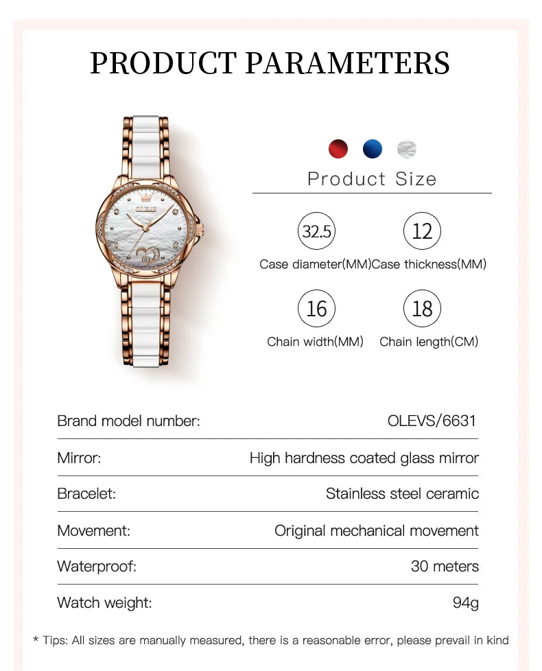 OLEVS 6631 Luxury Date Mechanical Watch For Women Original Ceramic Steel Strap Woman Wristwatch Deep Waterproof Dress Watches