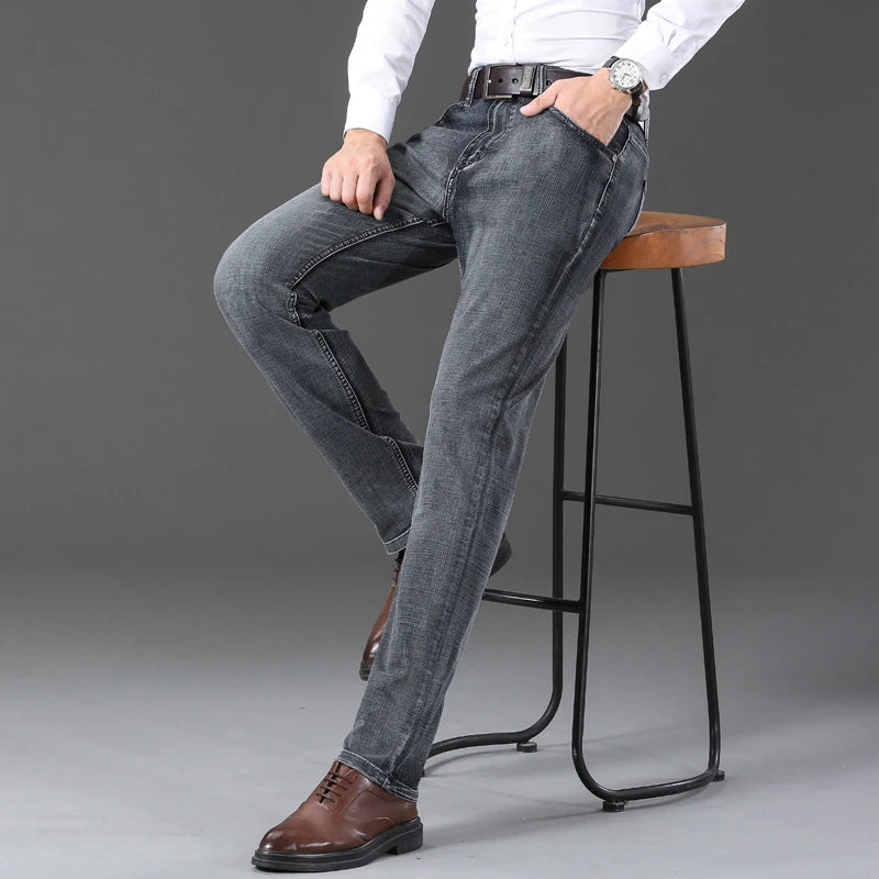 New Spring Autumn Men Classic Jeans Business Fashion Straight Regular Blue Stretch Denim Trousers Men's Smart Jeans