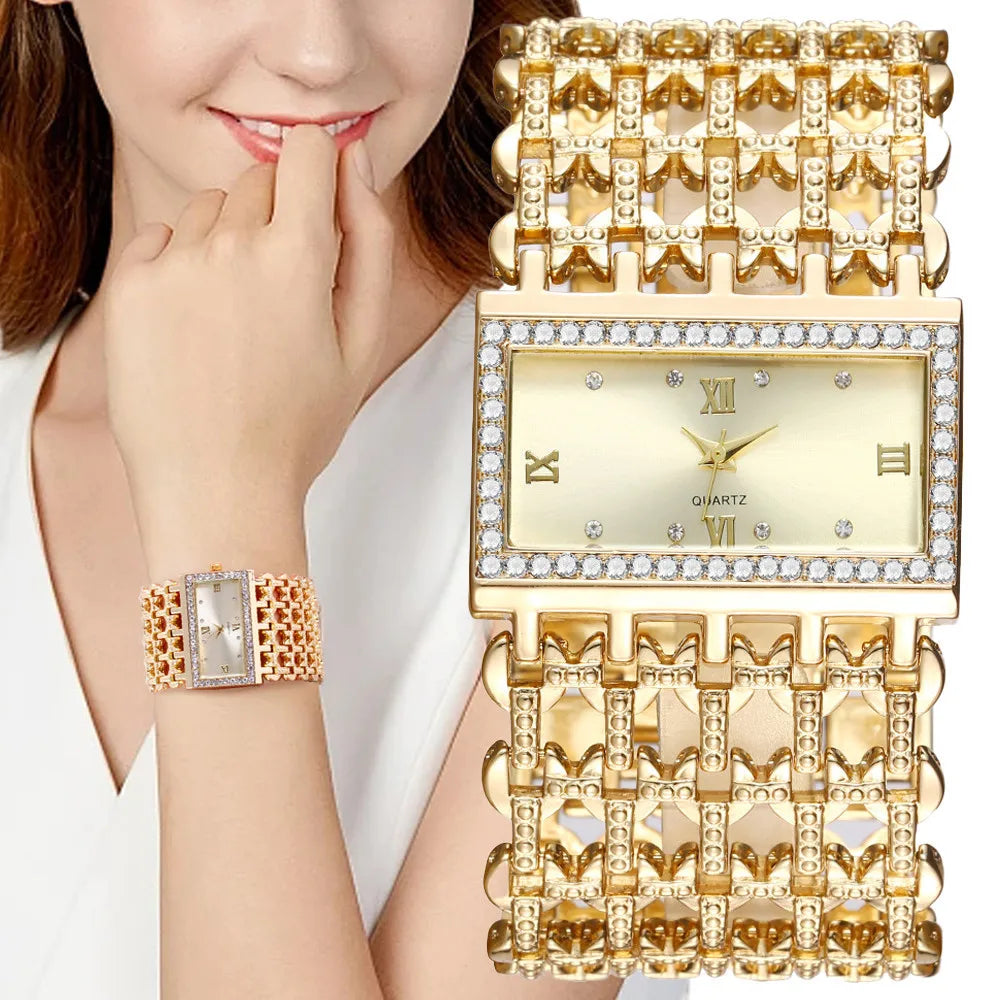 UTHAI W29 New Watch For Women Fashion Light luxury Square Diamond Quartz Watches Clock Lady's Gold Stainless Steel Bracelet