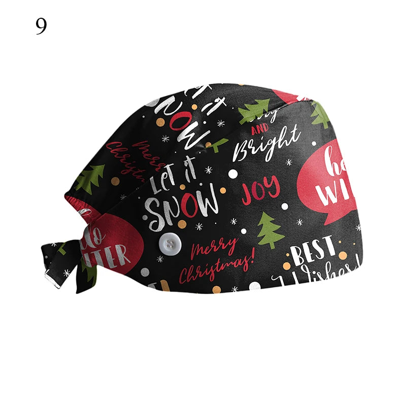 New Christmas Scrubs Caps Santa Claus Print Cap Pet Grooming Agency Work Scrubs Hat Beauty Work Hats Lab Nursing Cap