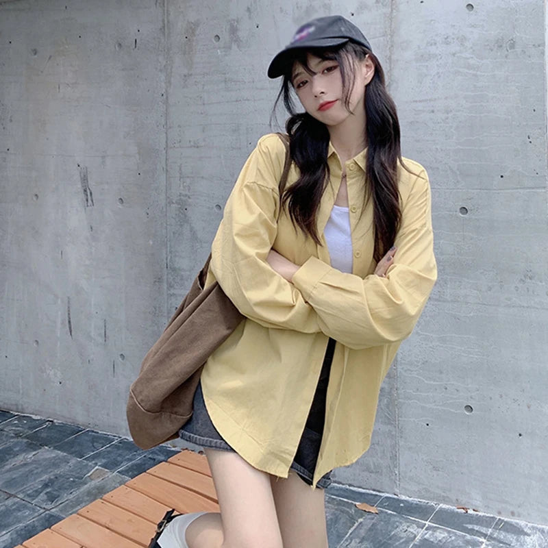 Women's Sweet Loose Long Sleeve Chiffon Blouse Solid Color Summer Urban Casual Lapel Shirt Girly Versatile Tops