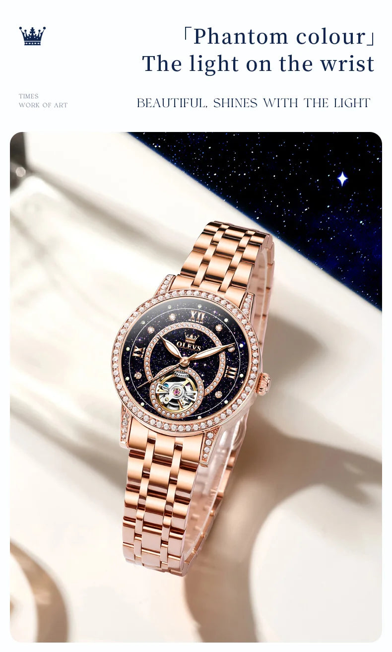 OLEVS 7036 Hollow Original Mechanical Watch For Women Diamond Luxury Automatic Hand Clock Waterproof Elegant Woman Dress Watches