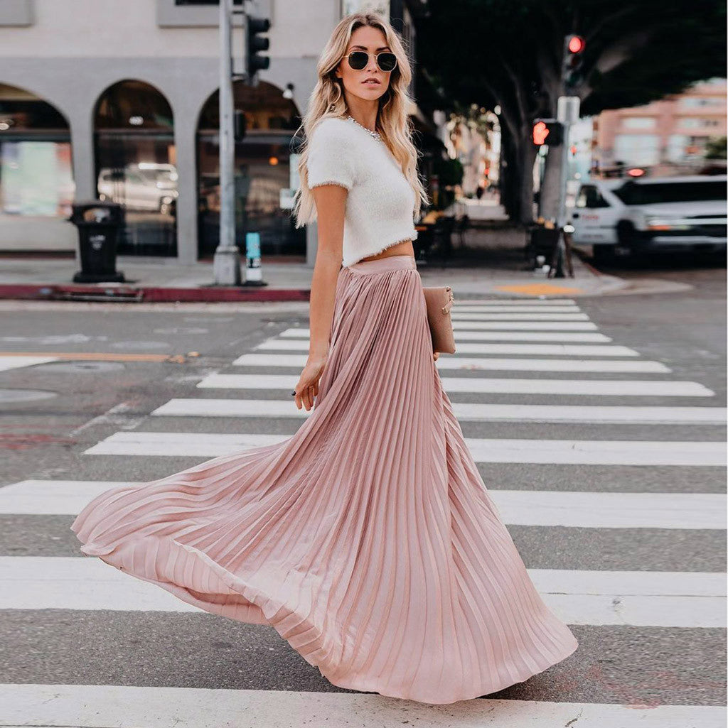 2022 Fashion Womens A-line Pleated Red Skirts Summer Jupe Longue Elastic Vintage Elegant Chic Loose Long Skirt Dropshipping