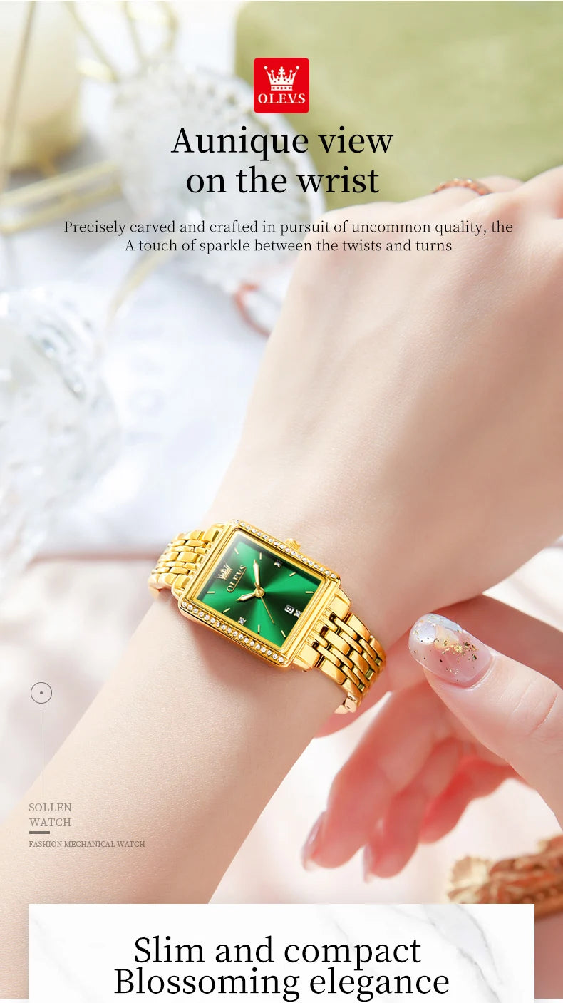 OLEVS Women Watches Fashion Golden Green Stainless Stain Steel Ladies Watch Waterproof Quarzt Wristwatch Romatic Girlfriend Gift