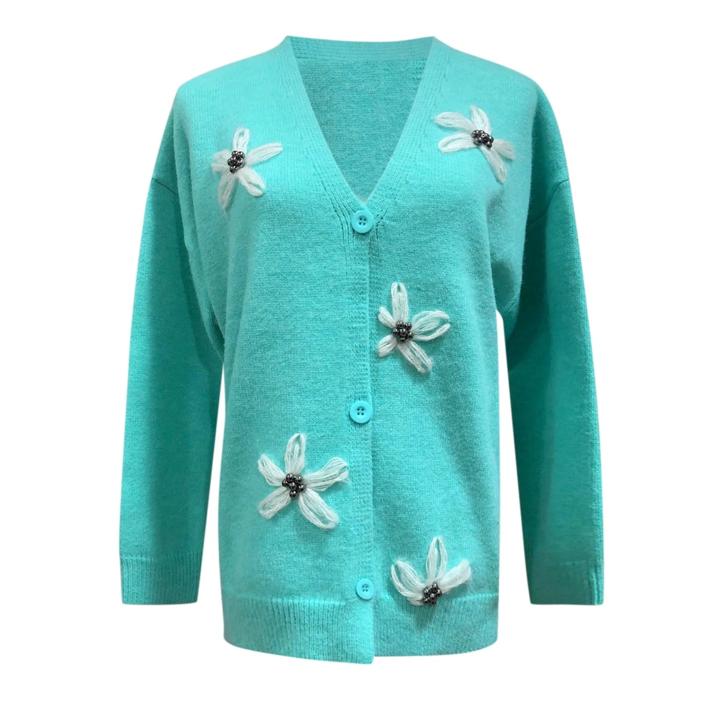 Women's Floral Embroidered Knit Sweater Cardigan Slim V-Neck Long Sleeve Sweater Cardigans Button Down Knitted Sweater Blouse