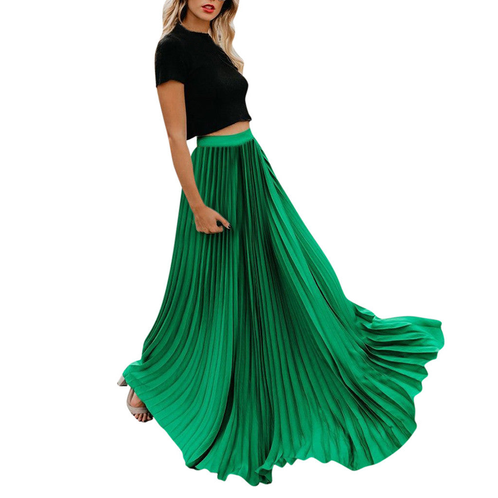 2022 Fashion Womens A-line Pleated Red Skirts Summer Jupe Longue Elastic Vintage Elegant Chic Loose Long Skirt Dropshipping