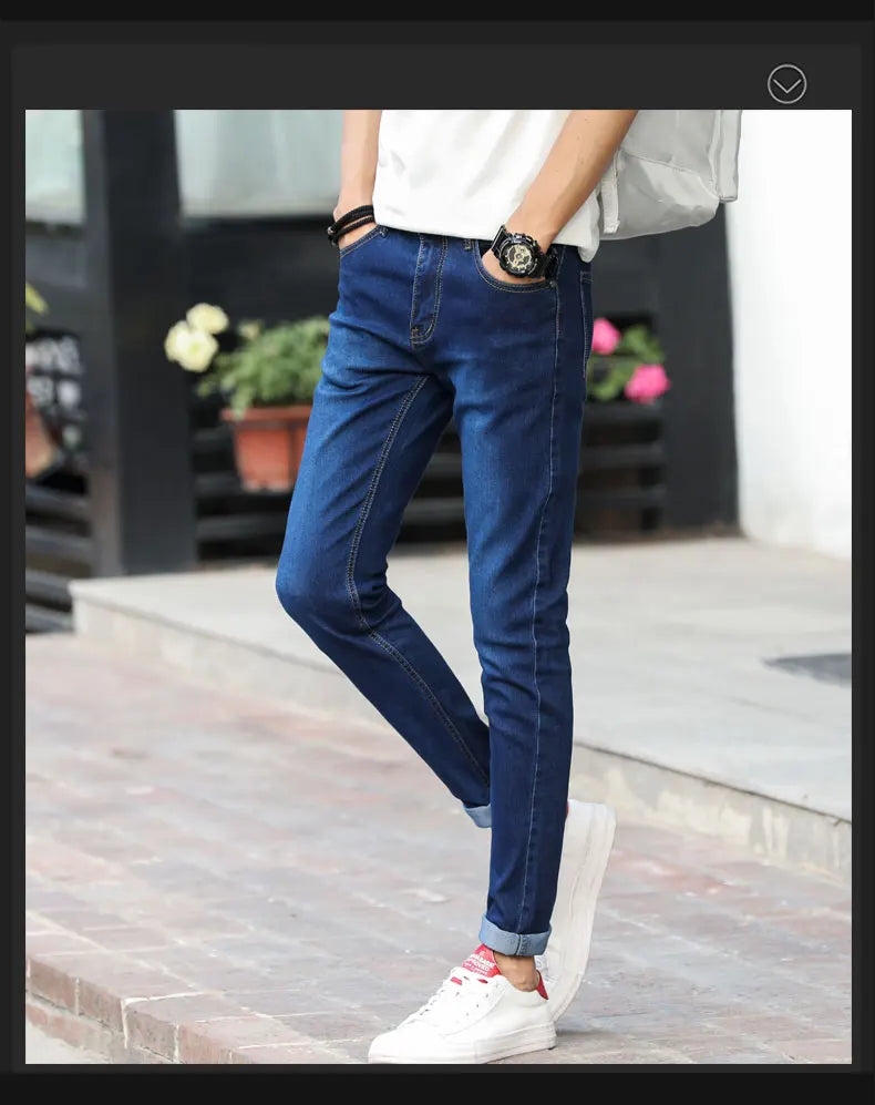 Fashion Mens Slim Fit Denim Pencil Pants High Quality Black White Skinny Stretch Jeans Mens High Street Jeans Four Season