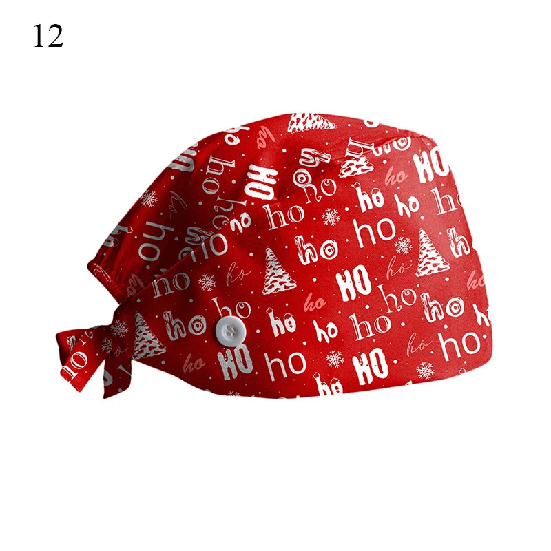 New Christmas Scrubs Caps Santa Claus Print Cap Pet Grooming Agency Work Scrubs Hat Beauty Work Hats Lab Nursing Cap