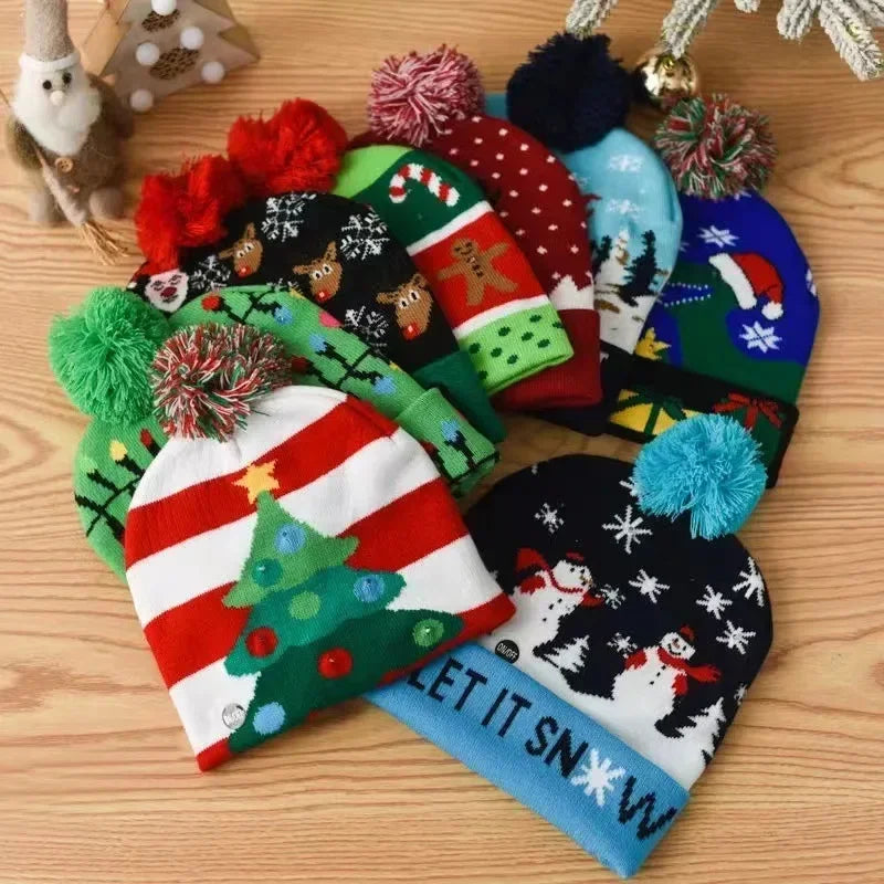 1pc LED Christmas Hat X-mas Flash Light Up Knitted Hat Warm Winter Cap Christmas Gift for Kids/Adults Xmas New Year Feative Hats